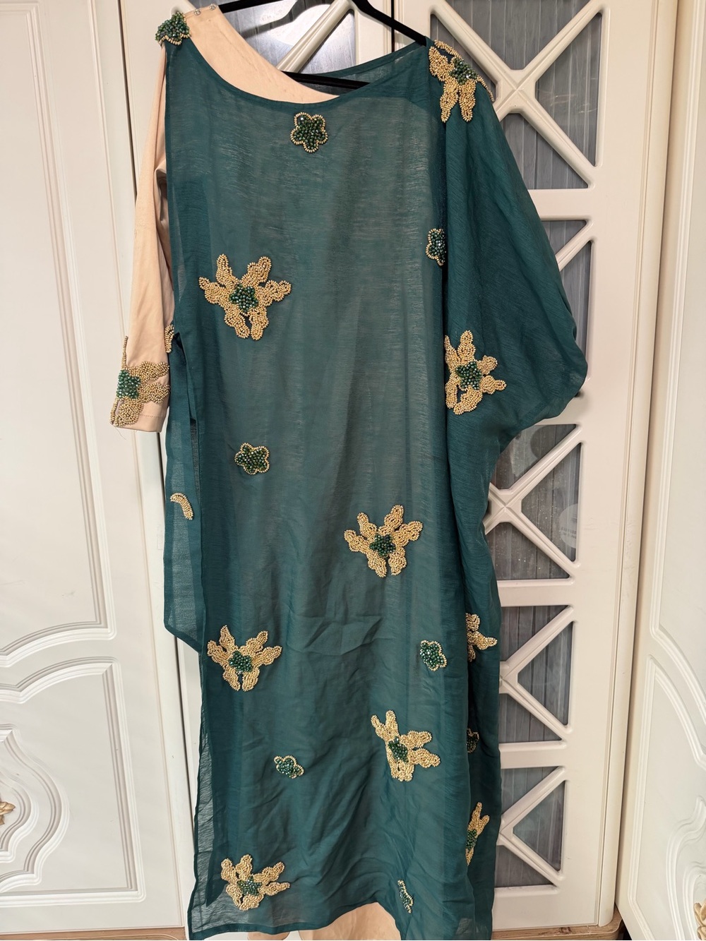 Embroidered Teal Sheer Kaftan with Gold Appliqué